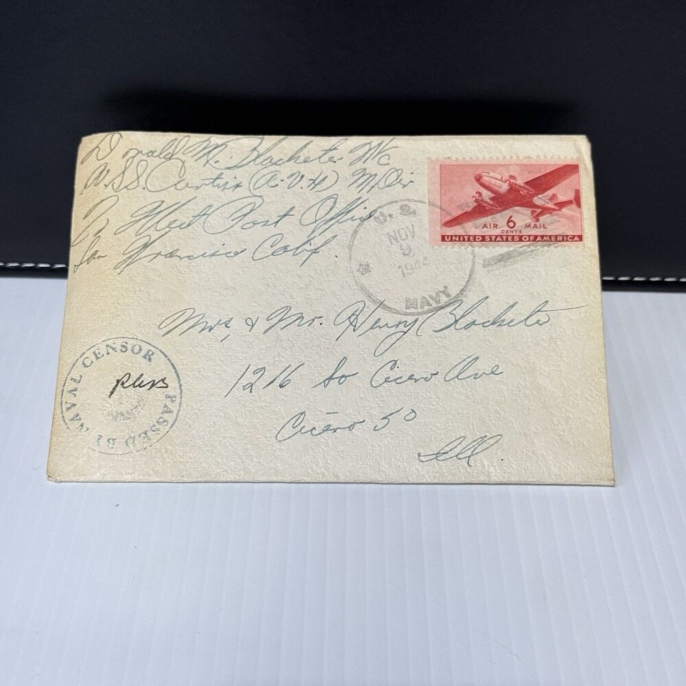 WWII 1944 Christmas Card & Letter w/ Envelope 6¢ Airmail Censor Mark